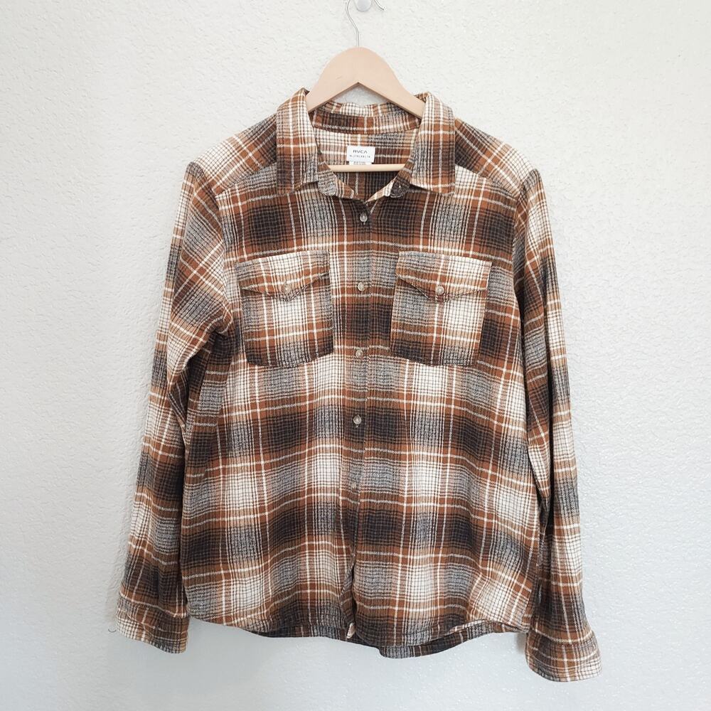 RVCA Tan Brown Plaid Flannel Long Sleeve Button Down Size XL